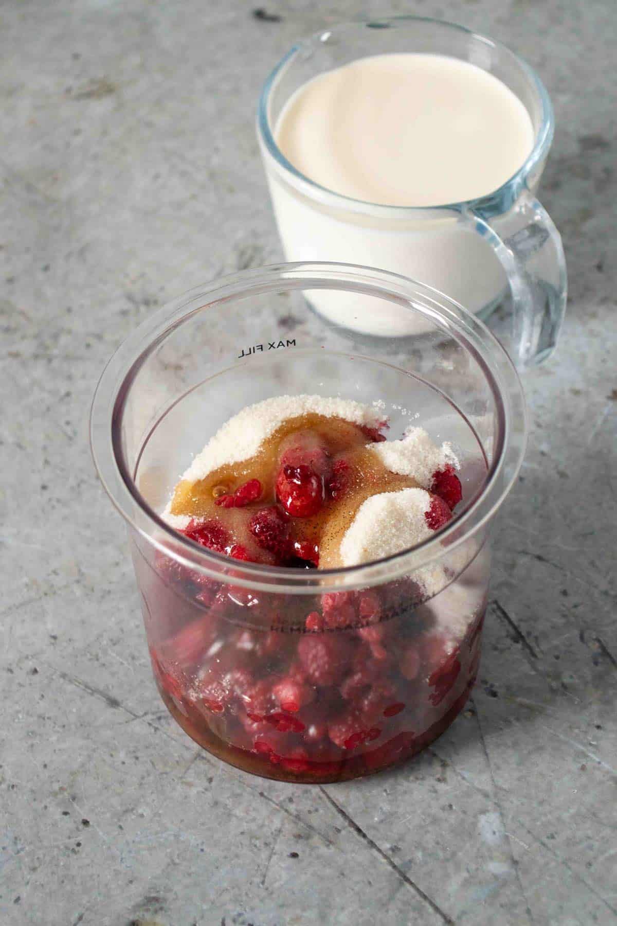 All ingredients apart from cream are added to the Ninja Creami pot.