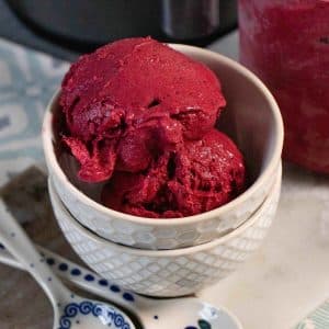 Close up of luscious dark red blackcurrant ice cream in a small white china bowl