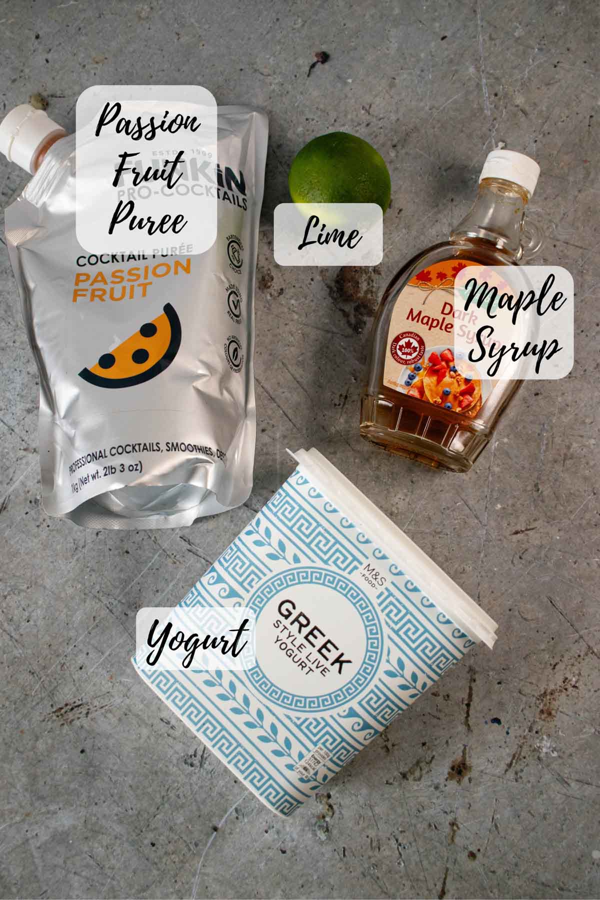 Ingredients are passion fruit puree lime maple syrup and yogurt