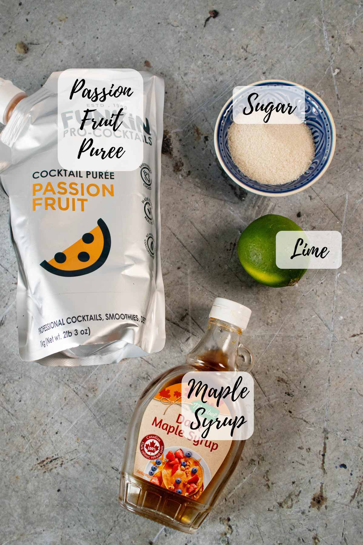 Ingredients are passion fruit puree sugar lime and maple syrup