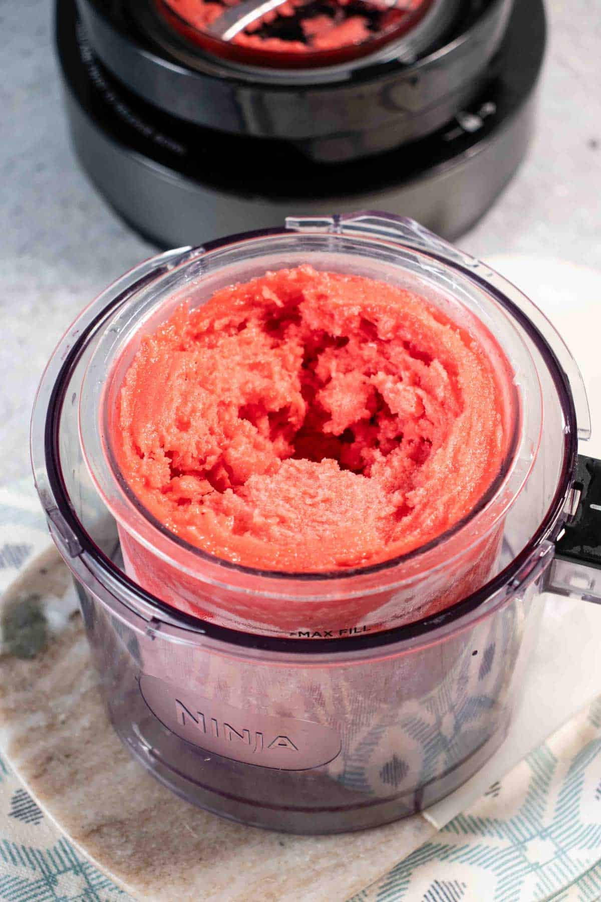 The sorbet has been processed in the Ninja Creami machine and is ready to serve