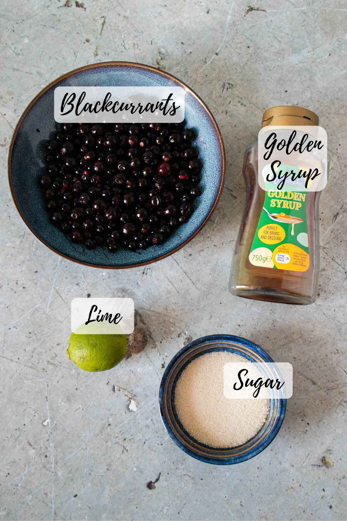 Ingredients are blackcurrants golden syrup sugar and a lime