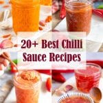 a collage 4 pictures each showing a different chilli sauce served in a jam jar with text overlay reading 20 plus best chilli sauce recipes