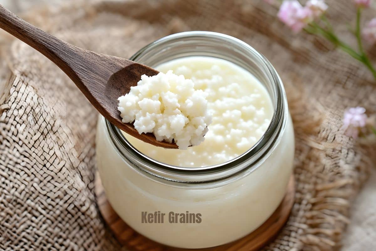 A wooden spoon of kefir grains above a jar of milk kefir