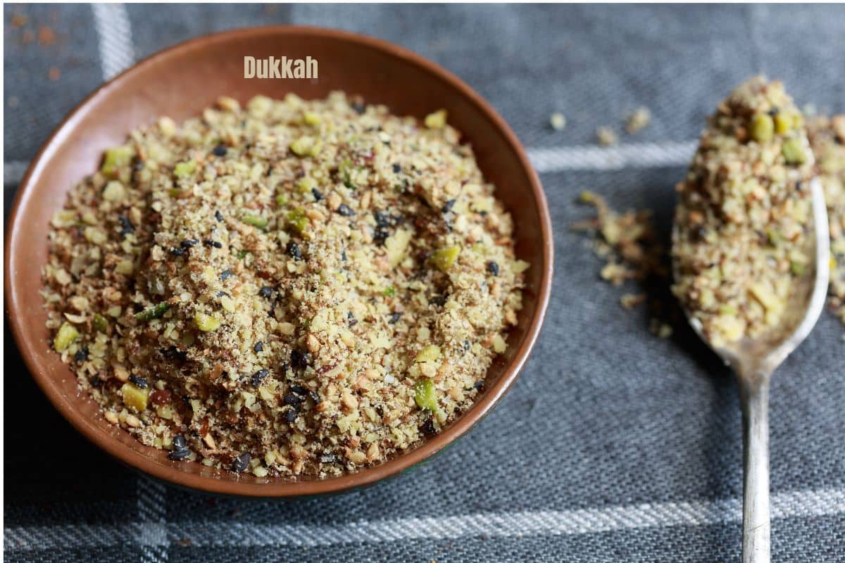 a bowl of coarsely ground dukkah