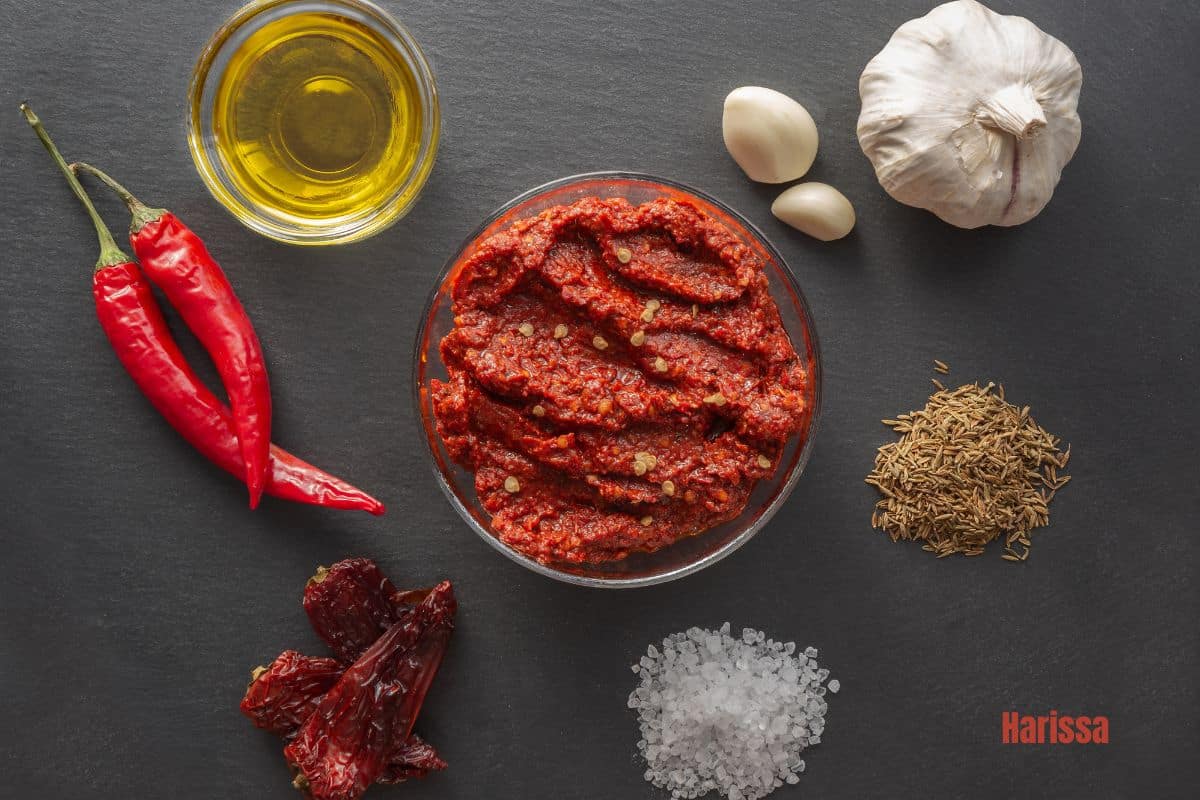 a bowl of red harissa paste surrounded by the ingredients to make it