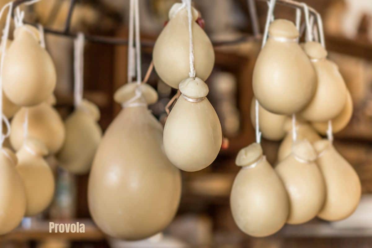 a selection of small provola cheeses hanging from white strings