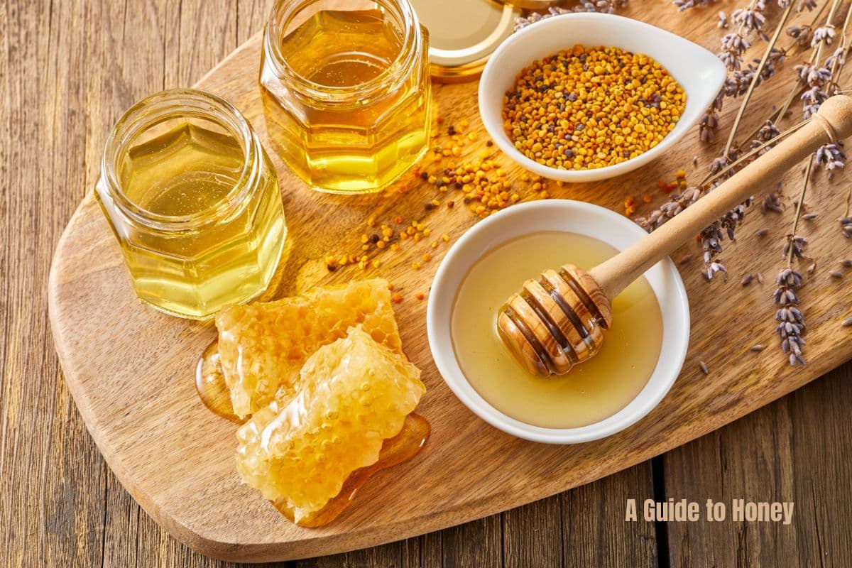a top down view of jars bowls of honey and bee pollen