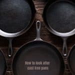5 cast iron frying pans arranged in two lines